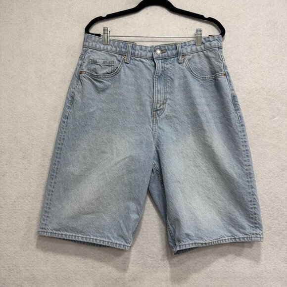 H&MDenim Baggy Bermuda Shorts Womens US 10 High Waist Loose Fit Light Wash Denim - Picture 1 of 9